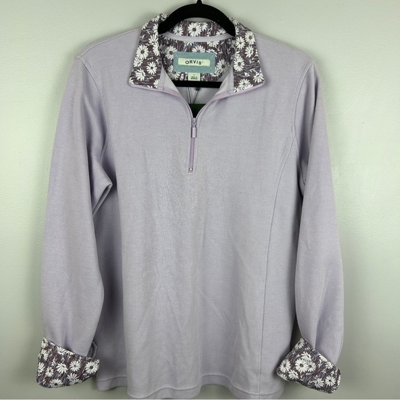 Orvis Casual Floral Trim Long Sleeve Quarter Zip Cotton Sweater Large Lilac NWT - Picture 2 of 12